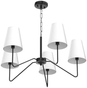 5-Light Black 30” Modern Chandelier with White Shades for Dining Room