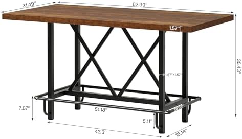 Tribesigns 63-Inch Counter Height Bar Table with Metal Footrest (Brown)