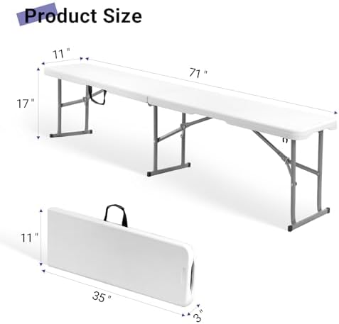 Byliable Folding Bench 6ft,Portable Plastic Bench Seat with Handle,White