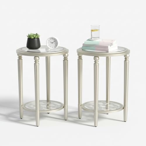 SUNBURY Set of 2 Modern End Tables with Tempered Glass Tops & Glass Lower...