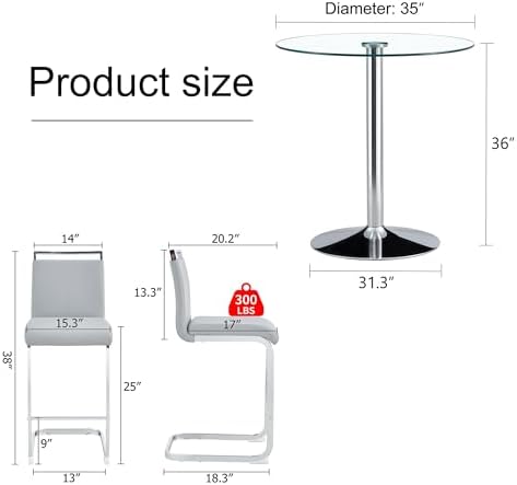 gopop 3 Piece Dining Table Set for 2, Modern Round Glass Counter Height Pub T...