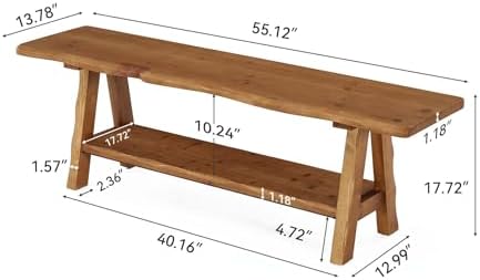 55-Inch Solid Wood Entryway Bench, Farmhouse Long End of Bed Bench with Live-...