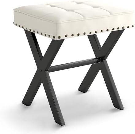 LUE BONA White Vanity Stool - Square Faux Leather Makeup Seat With Metal X Le...