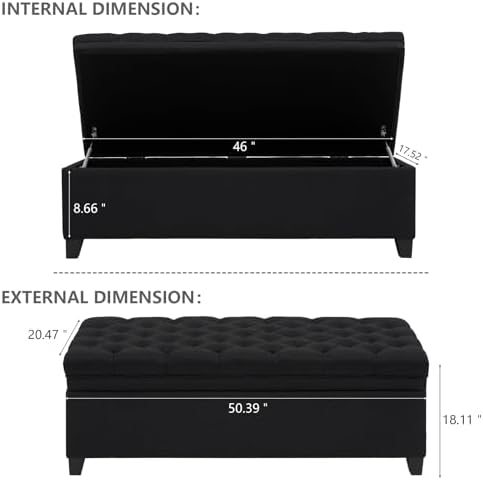 adochr 50" Fabric Storage Ottoman, Modern End of Bed Bench, Black