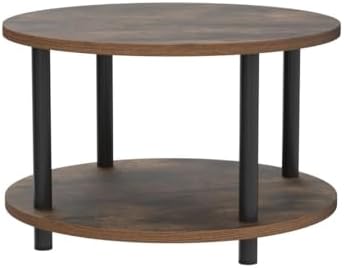 Small Round Coffee Table for Small Space, 23.5" 2-Tier Rustic Brown Wood...