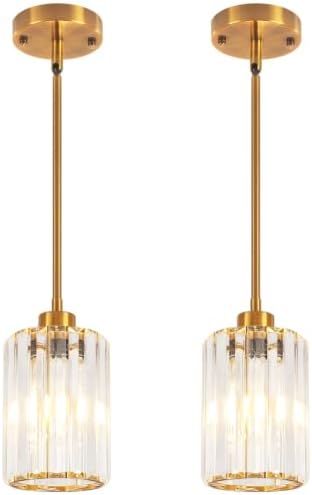 2 Pack Brushed Gold Pendant Light Fixtures Modern Crystal Kitchen Lighting