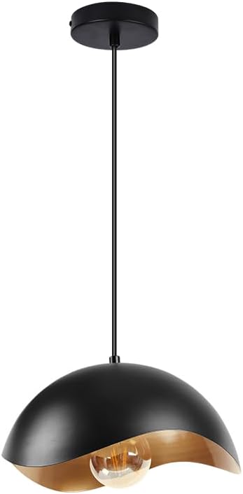 Modern Wave Pendant Light, 11" Black and Gold Dome Shade, LED Ceiling Li...
