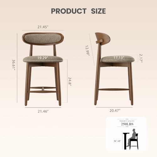 Wooden Bar Stools Set of 2, 24.8” Counter Height Stools with Rubberwood Legs ...
