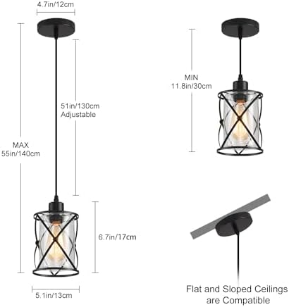 3 Lights Industrial Pendant Light with Glass Shade Matte Black Pendant Lighti...