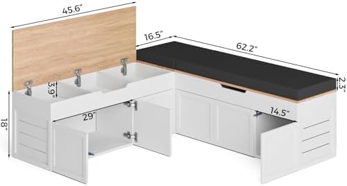 L-Shaped Corner Storage Bench with Cushion, Backless Wood Bench, Black
