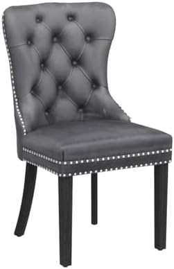 Velvet Dining Room Chairs Set of 2, Button Tufted, Wood Legs, Dark Gray