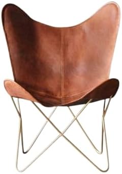 Shy Shy Let’s Touch The Sky Leather Living Room Chairs-Butterfly Chair Brown Leather Butterfly Chair-Handmade with Powder Coated Iron Frame (Cover with Folding Frame) (Golden Frame)