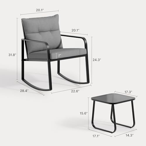 Gizoon 3 Piece Rocking Bistro Set, Black Steel Patio Furniture,Grey Cushion