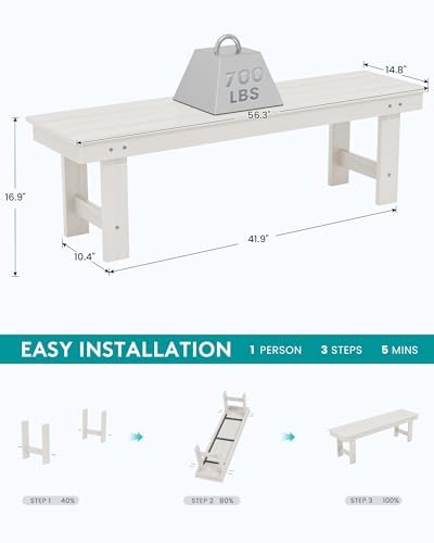 SERWALL 2-Person Backless Outdoor Bench 56 Inches, White