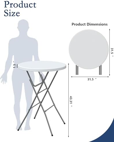 32" Round Folding Table, Plastic Bar Height Tables for Parties, White
