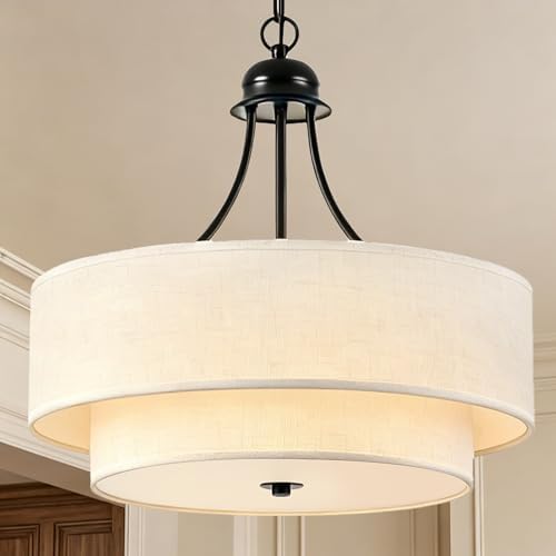 VESPERIX 18" Linen Drum Chandelier, 4-Light Modern Farmhouse Ceiling Lig...