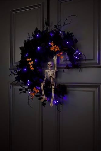 20" Pre-lit Halloween Black Moon Wreath with Poseable Skeleton, Handmade...