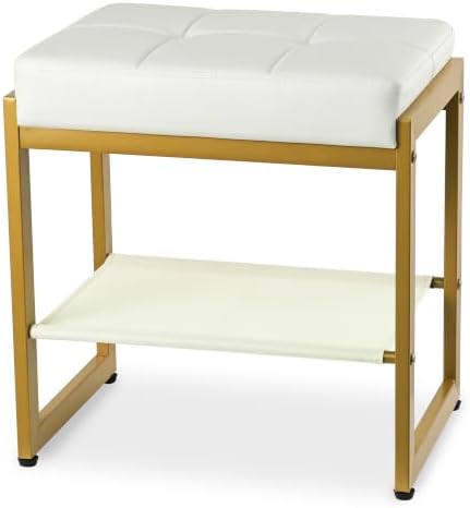 White Gold Vanity Stool, Vanity Chair Stools with a Lower Storage Shelf, Faux...