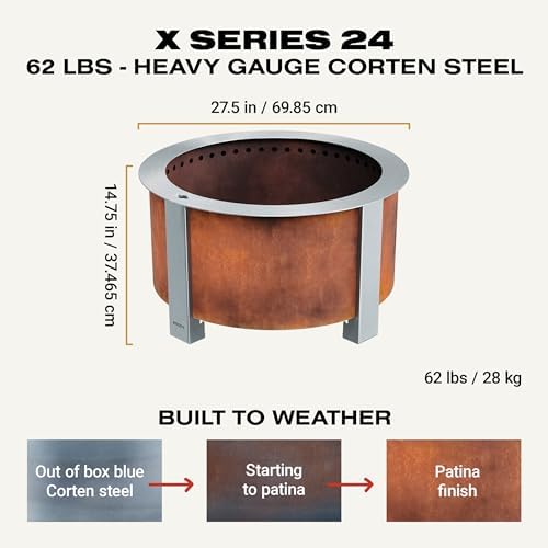 Breeo X Series 24 - Corten Steel Smokeless Fire Pit for Outside - 27.5 in