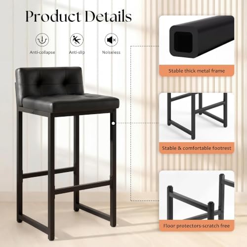 Bar Stools Set of 2, Counter Height Bar Stools Sets with Back, Faux Leather B...