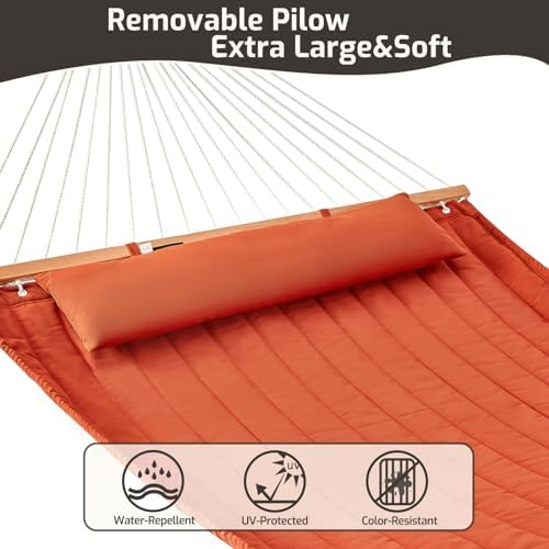 CHULIM Double Quilted Fabric Hammock with Hardwood Spreader Bars and Pillow 4...