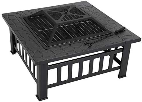 32 Inch Outdoor Fire Pit with Spark Screen Lid and Waterproof Cover, Square M...