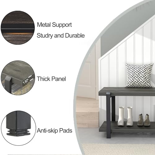 EXCEFUR Industrial Entryway Bench with Storage, Rustic Wood and Metal Shoe Ra...