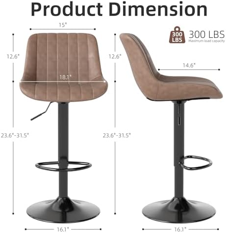 Youhauchair Adjustable Faux Leather Bar Stools Set of 2, Light Brown