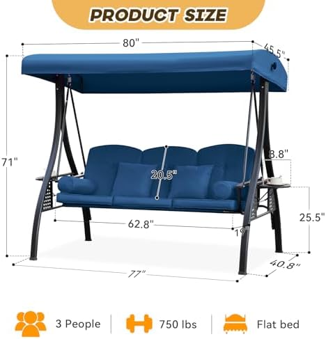 3 in 1 Outdoor Porch Swing with Adjustable Canopy, 3 Seat Outdoor Swing for A...