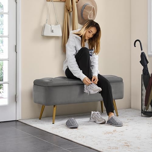 Yaheetech Storage Ottoman Bench for Bedroom, Velvet End of Bed Bench, Gray