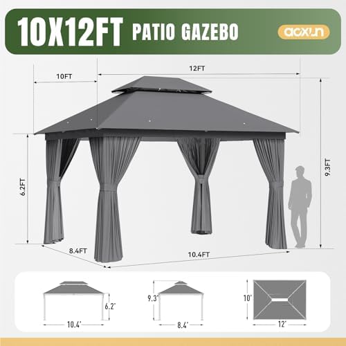 Aoxun 10x12 Gazebo Canopy with Steel Frame, Double Roof