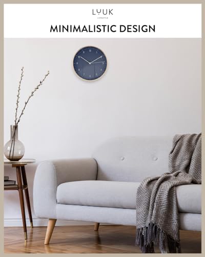 LUUK LIFESTYLE Modern Silent Quartz Wall Clock, 10in, Dark Blue & Gold