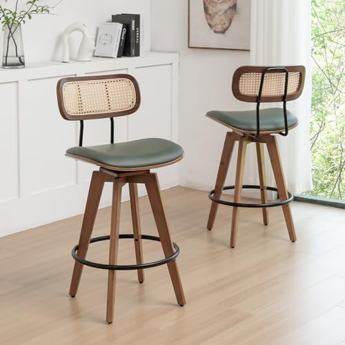 26" Rattan Bar Stools Set of 2,Faux Leather Counter Height Swivel Barsto...