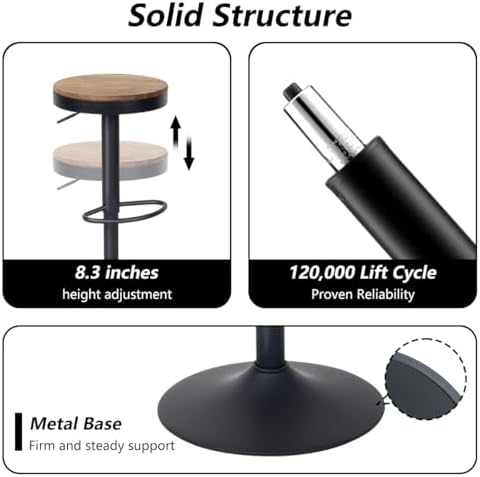 Kidol & Shellder Black Bar Stools Set of 2 Adjustable Swivel Backless Bar...