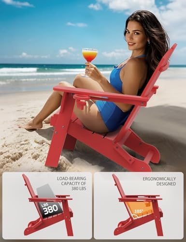 Folding Adirondack Chair, Wooden Textured Plastic Adirondack Chairs with 2 Cu...