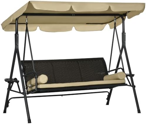 Outsunny 3-Seat Patio Swing Chair Swing Bench Adjustable Shade Rattan Seat