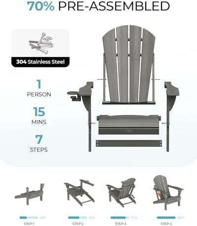 Ciokea Folding Adirondack Chairs Set of 2 with Cup Holder, HDPE, Grey