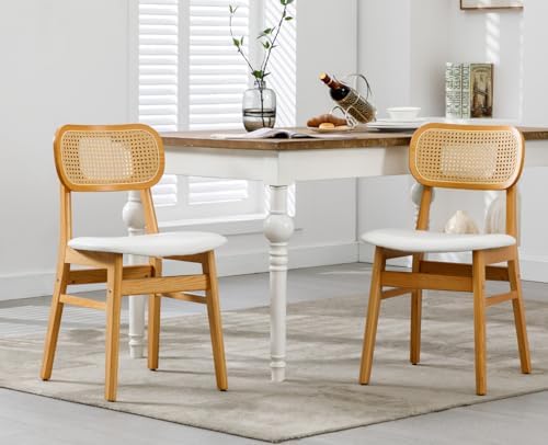 Shunzhi Rattan Dining Chairs Set of 2, Upholstered Farmhouse Dining Room Chai...