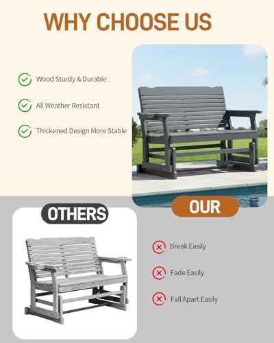 Outvita Patio Glider with Cup Holders, Wooden Outdoor Glider Bench with High ...