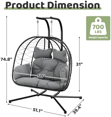 Bifanuo Double Hanging Egg Chair with Stand, Outdoor Indoor Swing Chair with ...