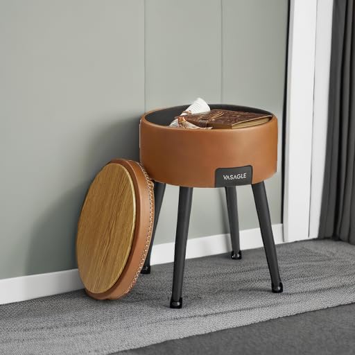 VASAGLE Storage Ottoman, PU Leather Round Seat with Steel Legs