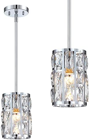 MEXO Modern Crystal Pendant Light Fixture 2-Pack Chrome Finish Hanging Lighti...