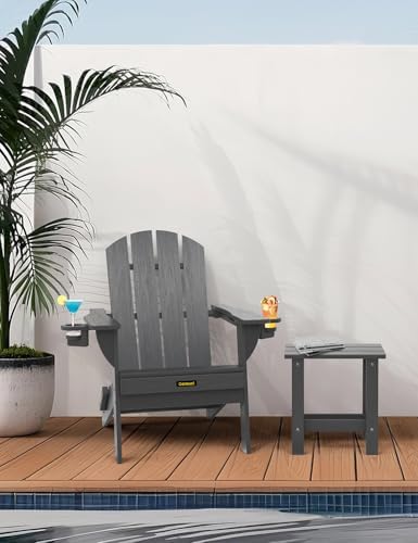 Folding Adirondack Chair, Wooden Textured Plastic Adirondack Chairs with 2 Cu...