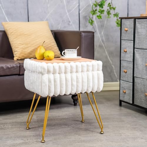 xuperbonus Faux Fur White Vanity Stool Chair with Storage Ottoman, Vanity Cha...