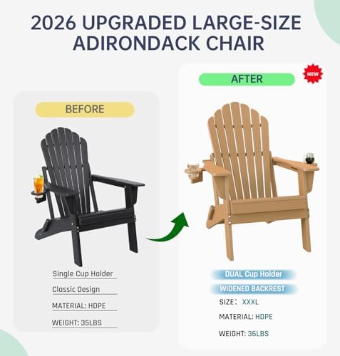 Plawdlik Oversized Folding Adirondack Chair, HDPE All-Weather Patio Chair wit...