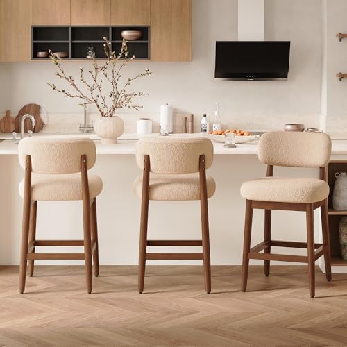 Solid Wood Counter Height Bar Stools Set of 2, Fluffy Boucle Bar Chairs with ...