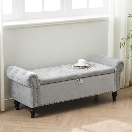 51" Storage Bench for Bedroom, Upholstered Ottoman Bench Chenille LightGray