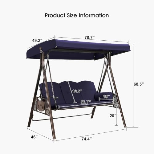 PURPLE LEAF Outdoor Swing with Canopy 3-Seat Durable Coated Iron, Navy Blue