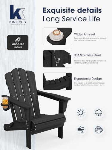 KINGYES Folding Adirondack Chair, All-Weather HDPE Material, Black, 2 Pack