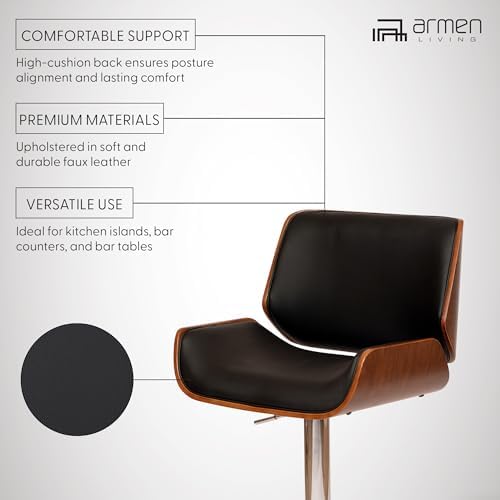 Armen Living London Modern Adjustable Height Swivel Black Faux Leather and Wa...